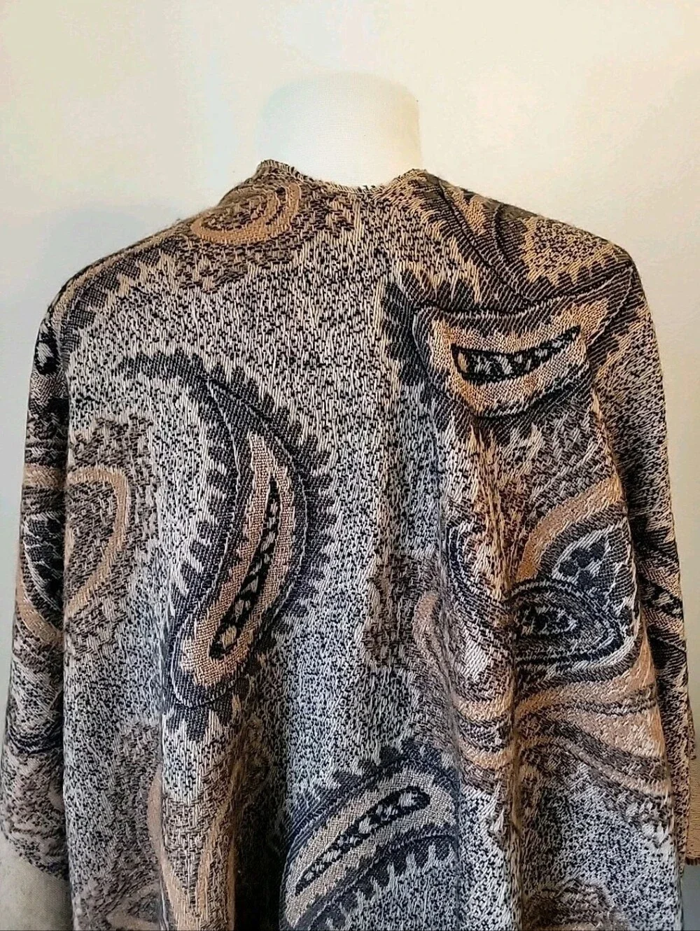 Elegant Paisley Shawl Wrap - Neutral Beige & Black Fringe